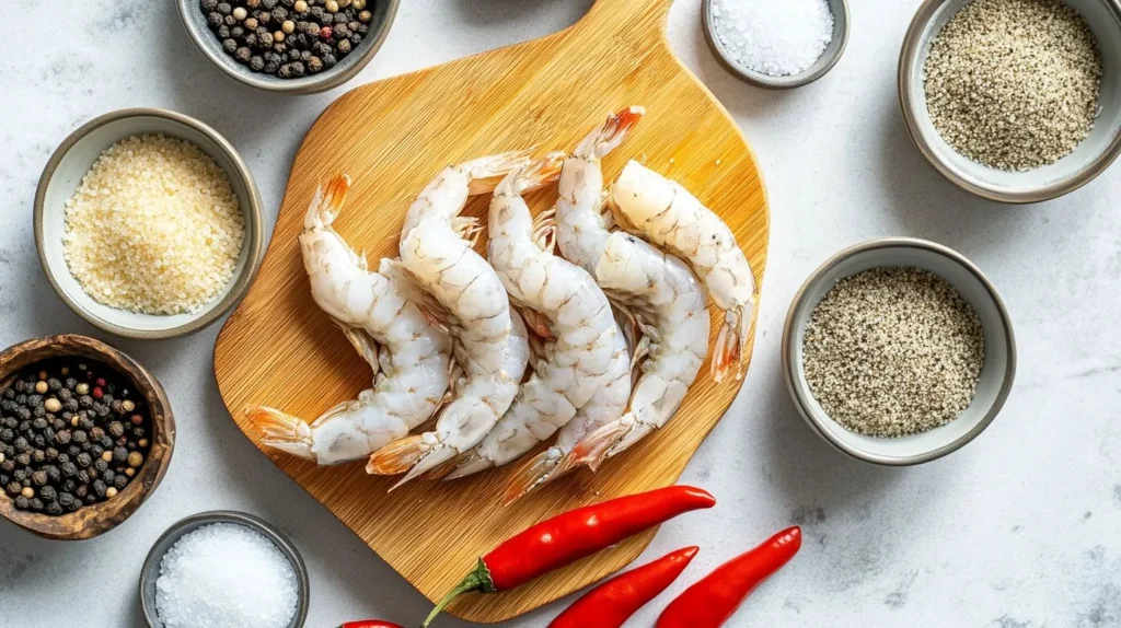 Ingredients for making salt and pepper shrimp, including raw shrimp, spices, and cornstarch.