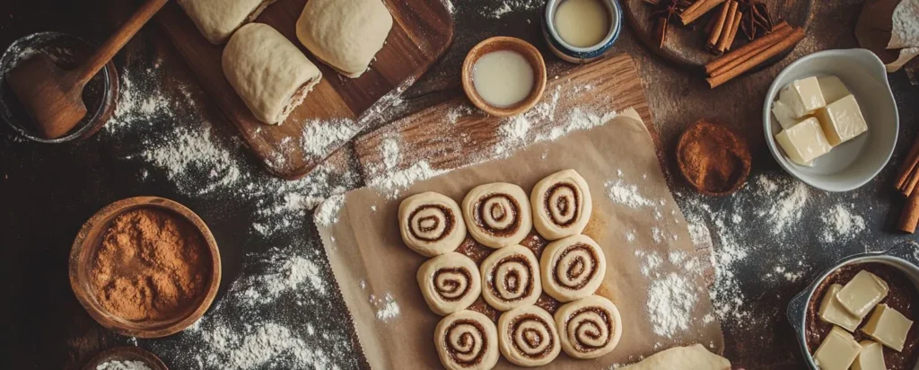 Rolling dough and spreading cinnamon-sugar filling for mini cinnamon rolls.