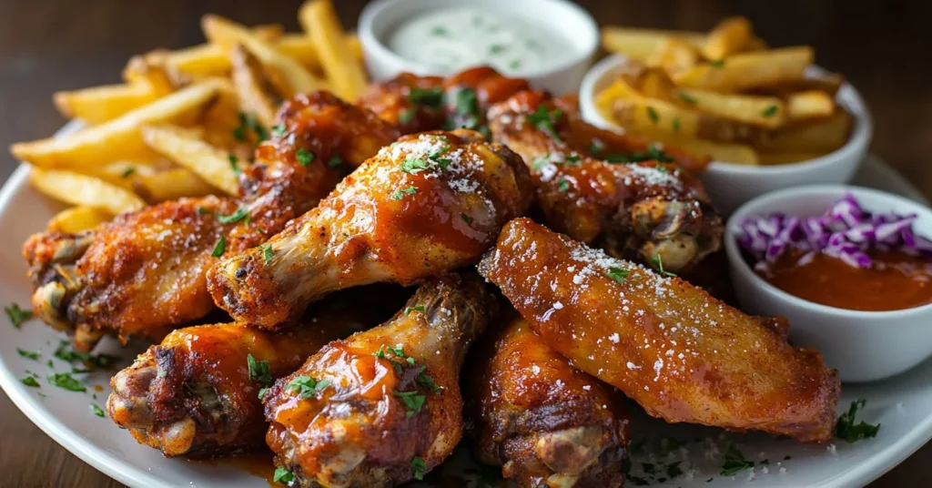 A platter of crispy air-fried chicken wings with dipping sauces.