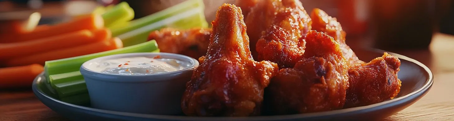 Crispy golden-brown air-fried chicken wings served with dipping sauce.