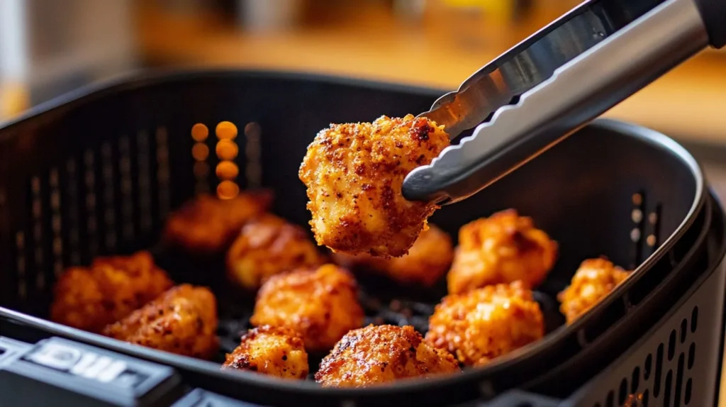 Crispy air fryer chicken bites inside an air fryer basket.