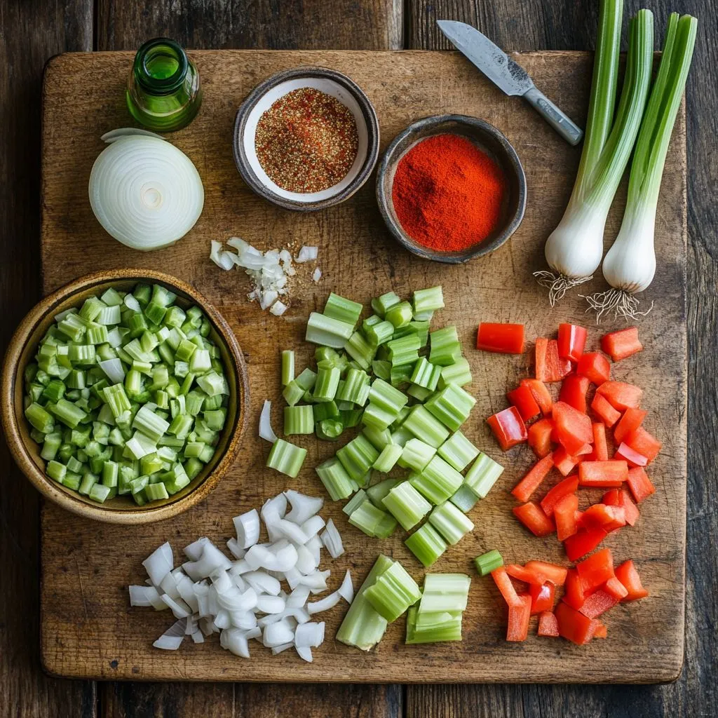 Fresh ingredients for making Cajun okra soup, including okra and vegetables.