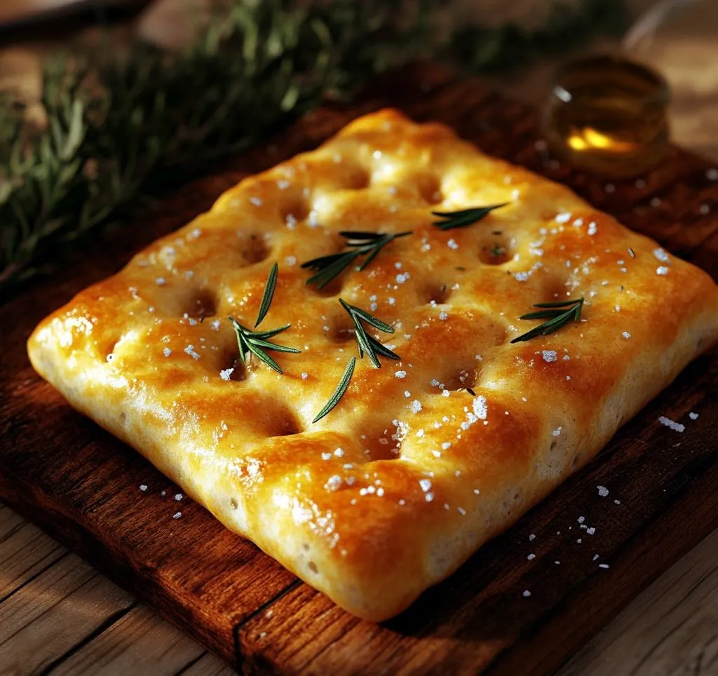 Freshly baked focaccia bread with rosemary and sea salt.