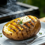A perfectly grilled baked potato sliced open, revealing a fluffy, steaming interior. Melting butter, fresh chives, and a sprinkle of salt top the potato. It sits on a rustic wooden platter with a fork beside it. In the blurred background, an outdoor BBQ grill emits soft smoke under warm natural lighting.