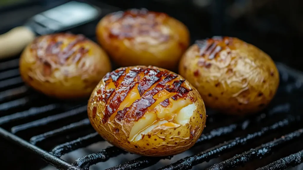 Crispy-skinned baked potatoes grilling directly on a BBQ.