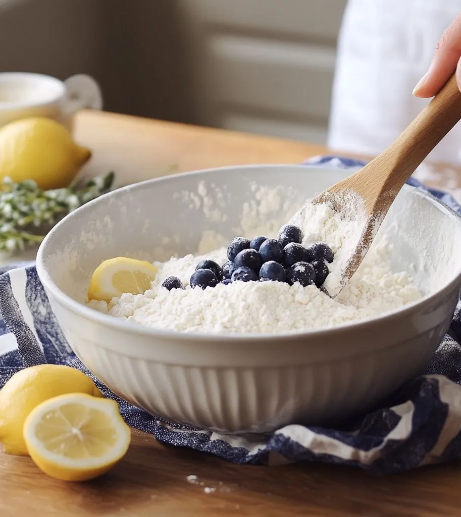 Mixing lemon blueberry bread batter in a bowl.