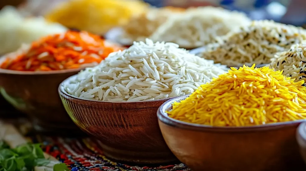 different colored rice—white, golden, and saffron—topped with fresh green herbs, arranged on a wooden board.