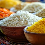 different colored rice—white, golden, and saffron—topped with fresh green herbs, arranged on a wooden board.