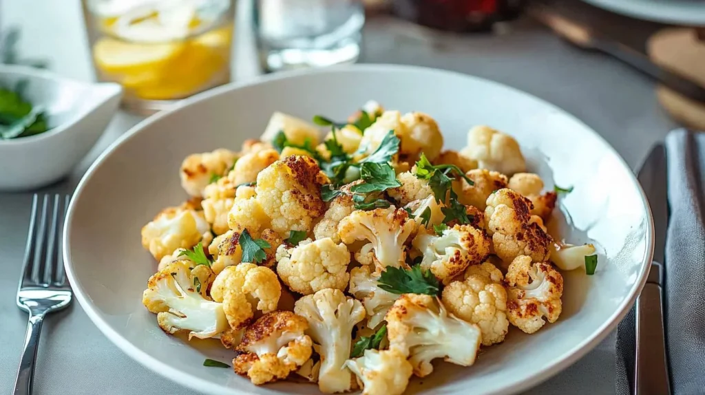 Golden brown sautéed cauliflower in a cast-iron skillet.