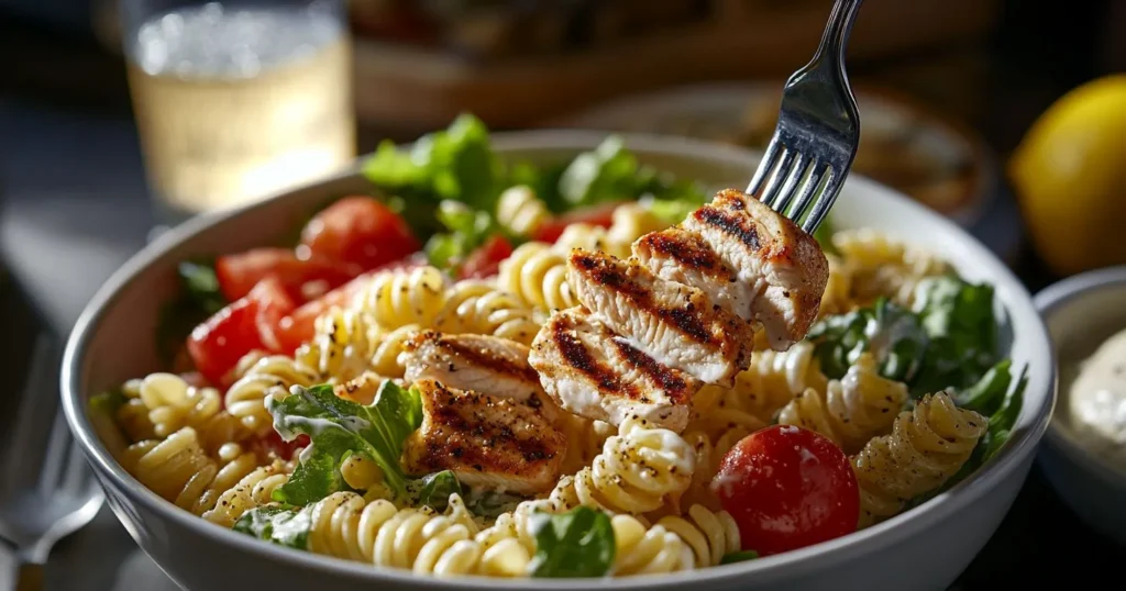 Caesar pasta salad with grilled chicken and creamy dressing