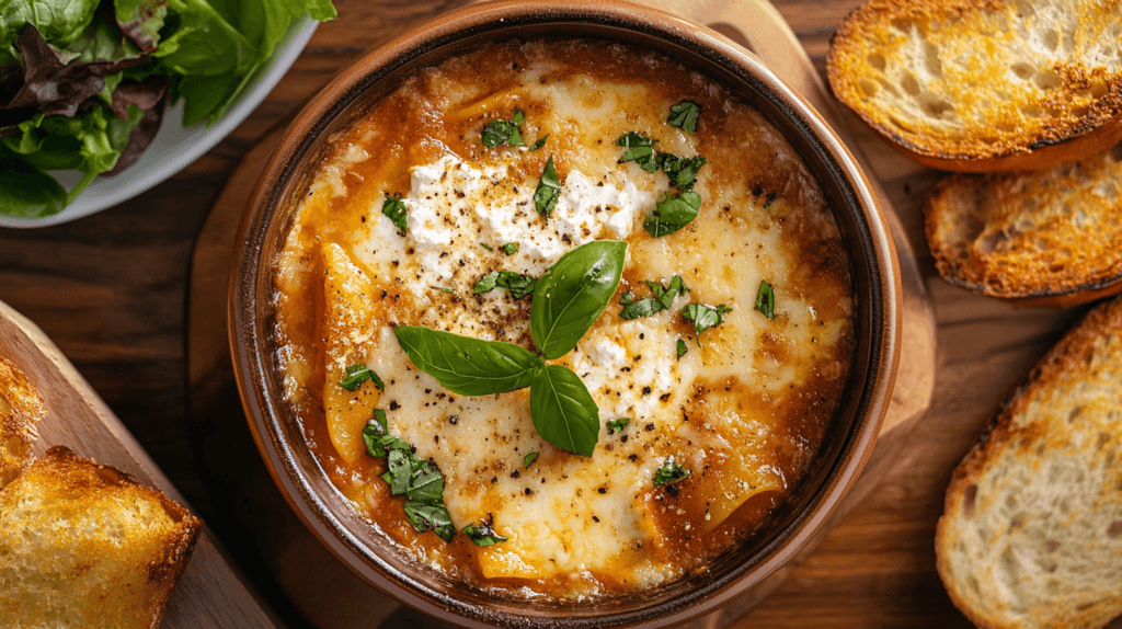 Lasagna soup with garlic bread and salad.
