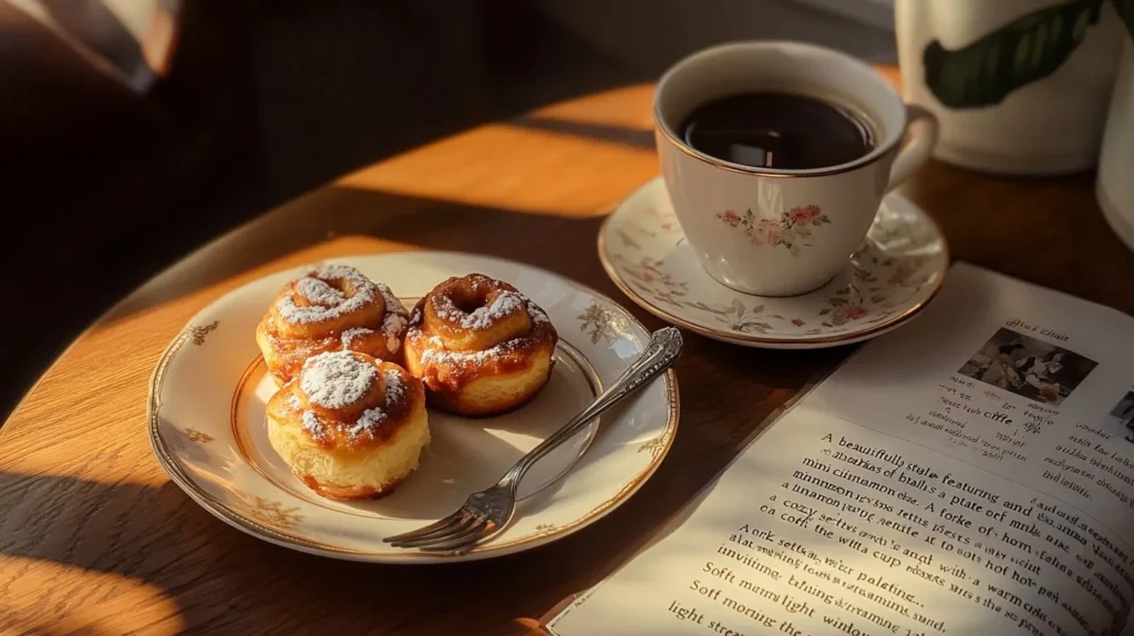 Mini cinnamon rolls served with hot coffee on a breakfast table.