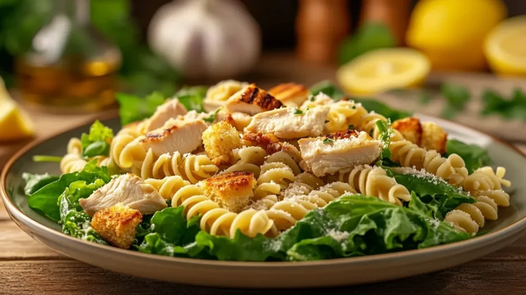 Classic Caesar pasta salad with grilled chicken and Parmesan