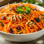 Fresh homemade carrot raisin salad in a wooden bowl.