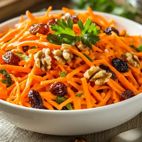 Fresh homemade carrot raisin salad in a wooden bowl.