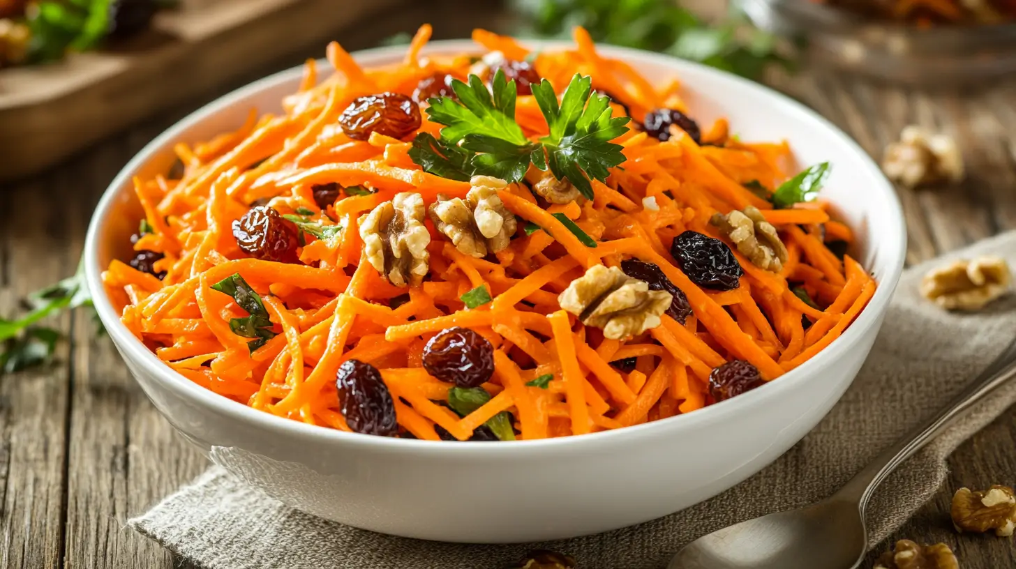 Fresh homemade carrot raisin salad in a wooden bowl.