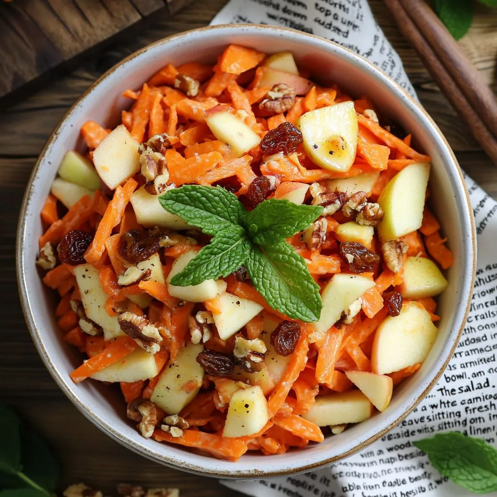 Carrot raisin salad with apples, walnuts, and sunflower seeds.