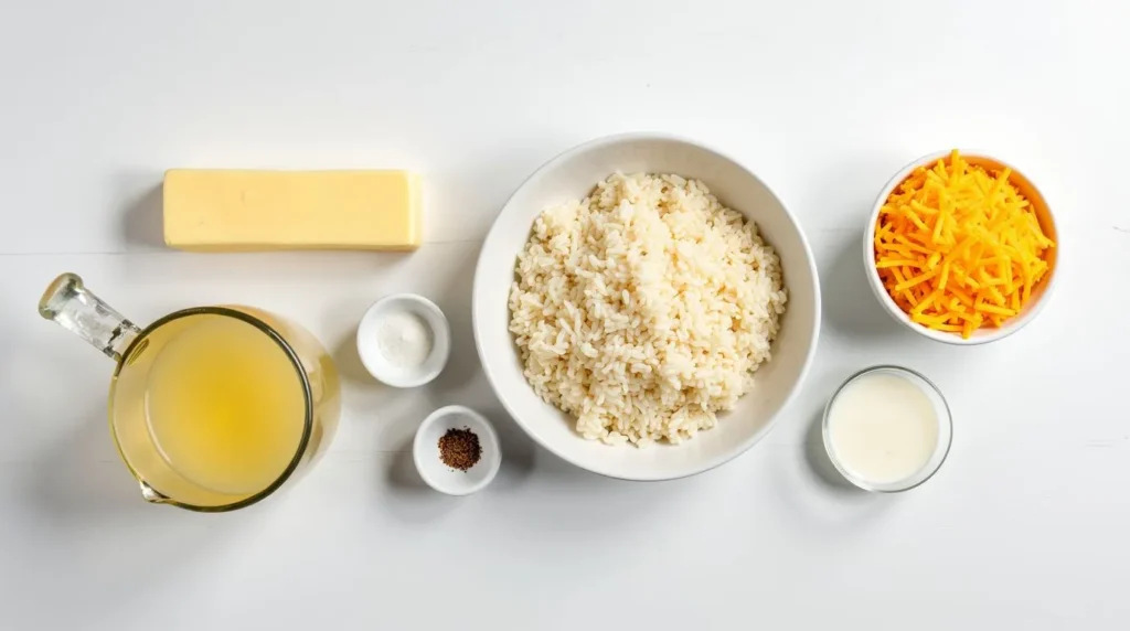 Ingredients for Cheesy Rice: rice, chicken broth, butter, shredded cheddar cheese, and milk.