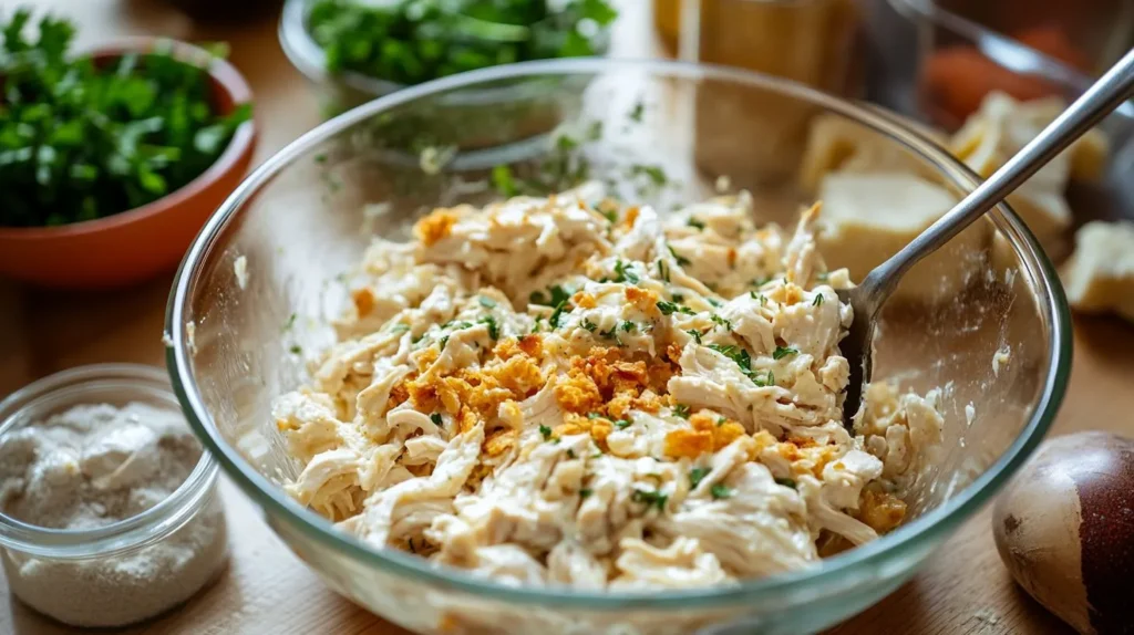 Mixing shredded chicken and sauce for chicken stuffing casserole