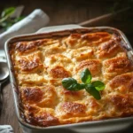 A golden-brown potato gratin in a white baking dish, topped with a crispy crust and garnished with fresh basil.