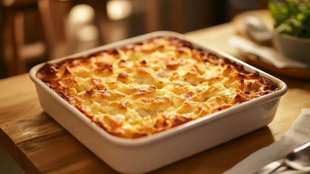 Homemade chicken stuffing casserole with crispy topping.