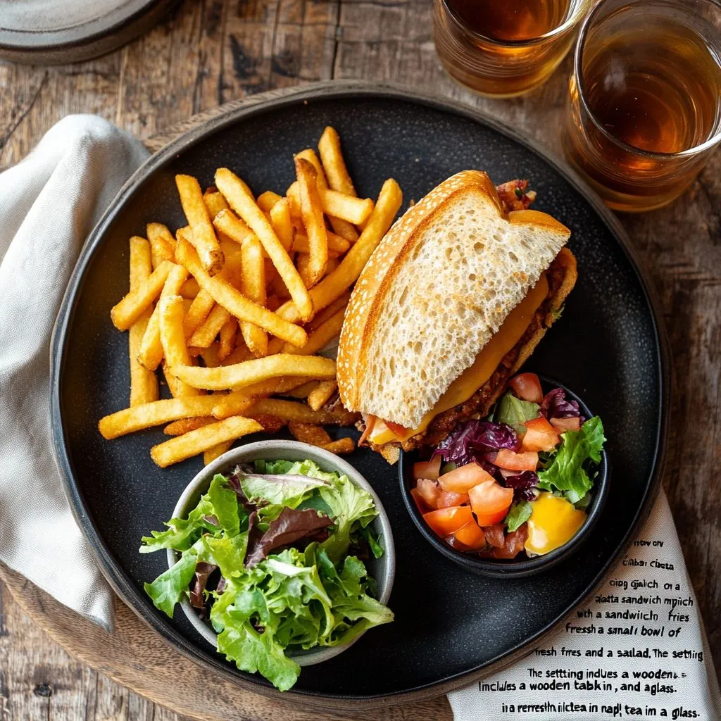 Ciabatta sandwich served with fries, salad, and iced tea on a wooden table.