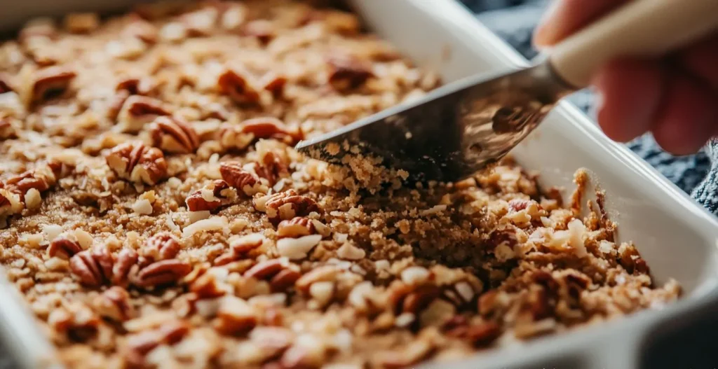  Coconut-pecan frosting being spread on oatmeal cake
