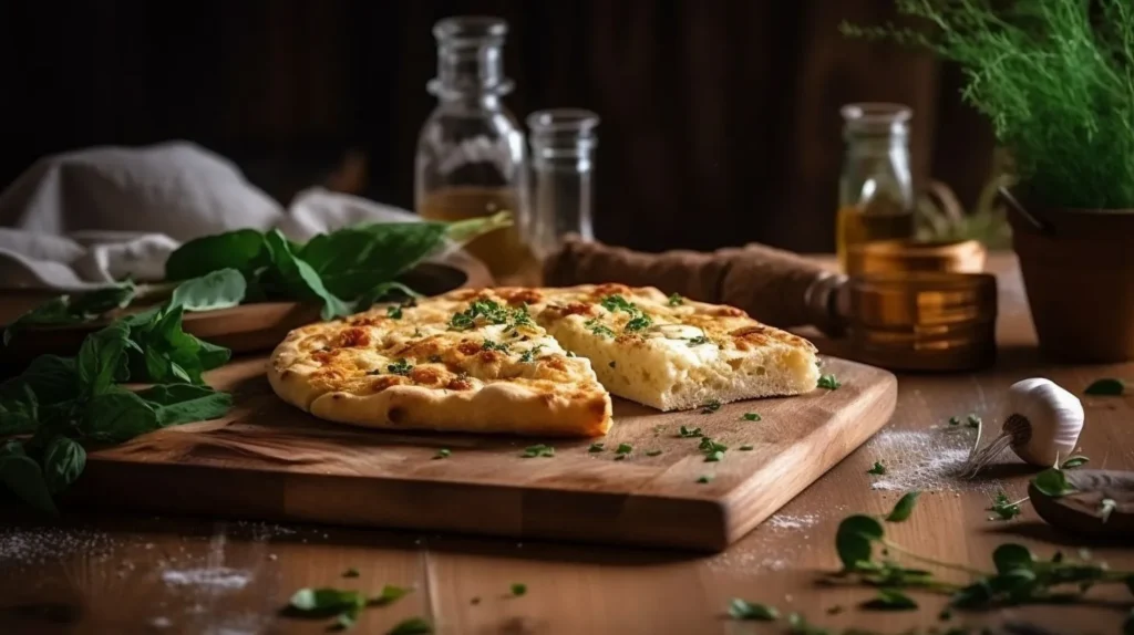 Freshly baked cottage cheese flatbread on a wooden board