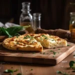 Freshly baked cottage cheese flatbread on a wooden board