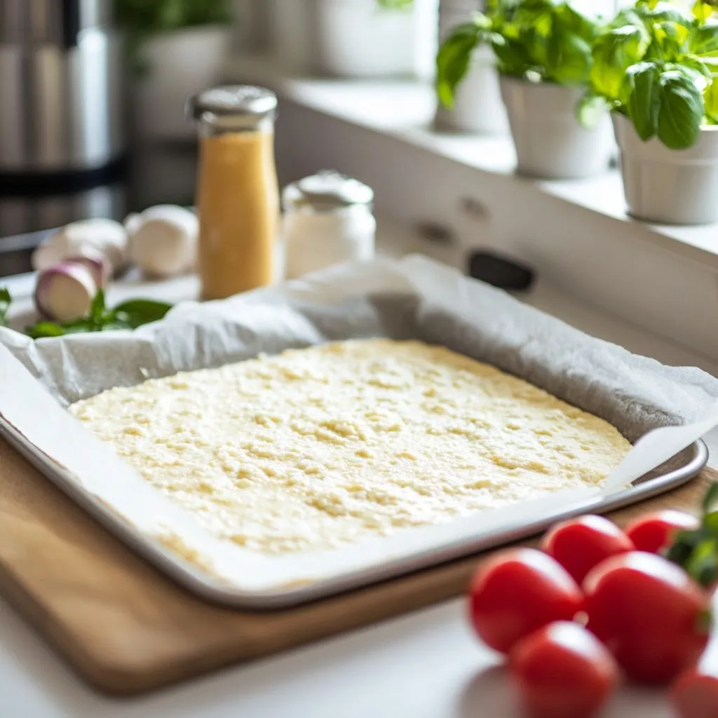 Spreading cottage cheese flatbread batter onto a baking sheet