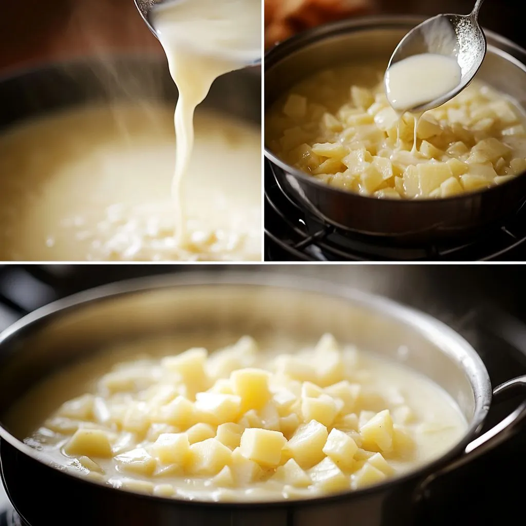 Cooking process of making 4 ingredient potato soup.