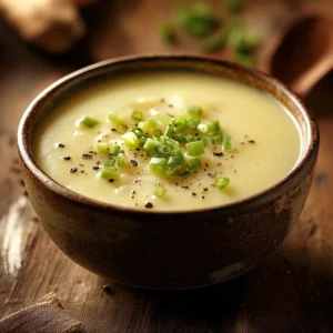 A warm bowl of creamy 4 ingredient potato soup garnished with green