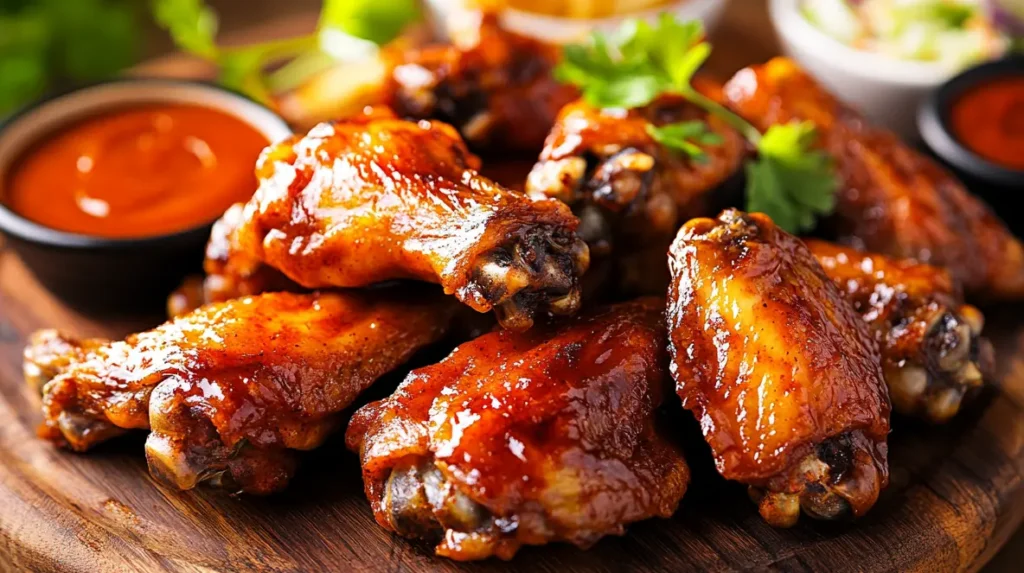 Close-up of golden, crispy baked chicken wings coated in a glossy, spicy-sweet sauce, served with fresh parsley garnish and dipping sauces on the side.