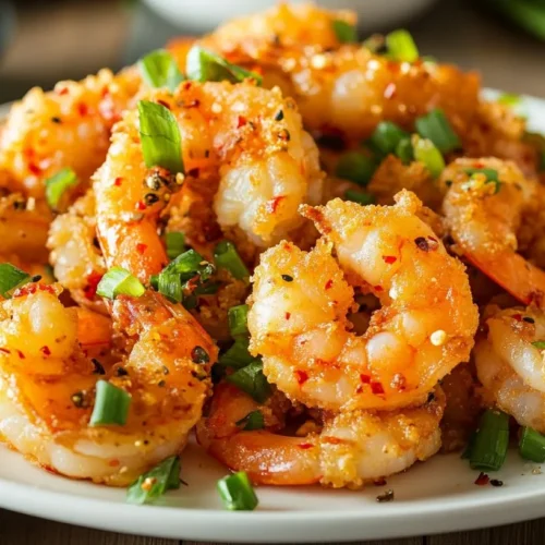 Crispy salt and pepper shrimp with chili and green onions.