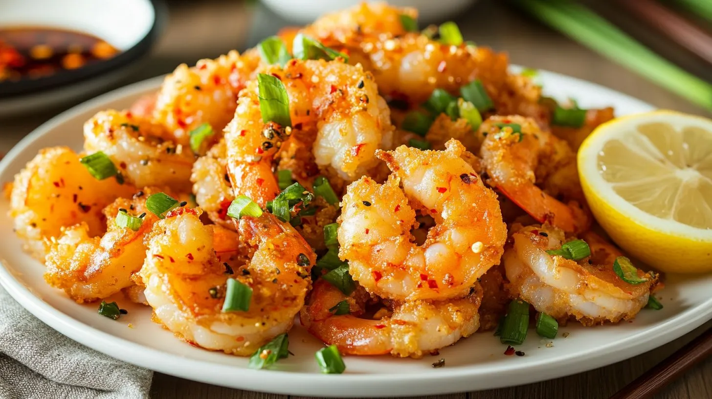 Crispy salt and pepper shrimp with chili and green onions.