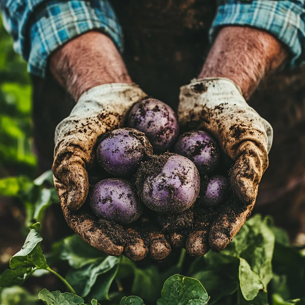 Farmer holding freshly harvested purple potatoes.