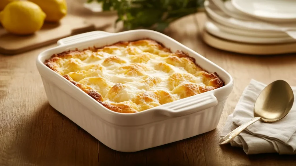 Freshly baked lemon cream cheese dump cake in a ceramic dish