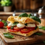 Freshly made focaccia sandwich with mozzarella and basil.