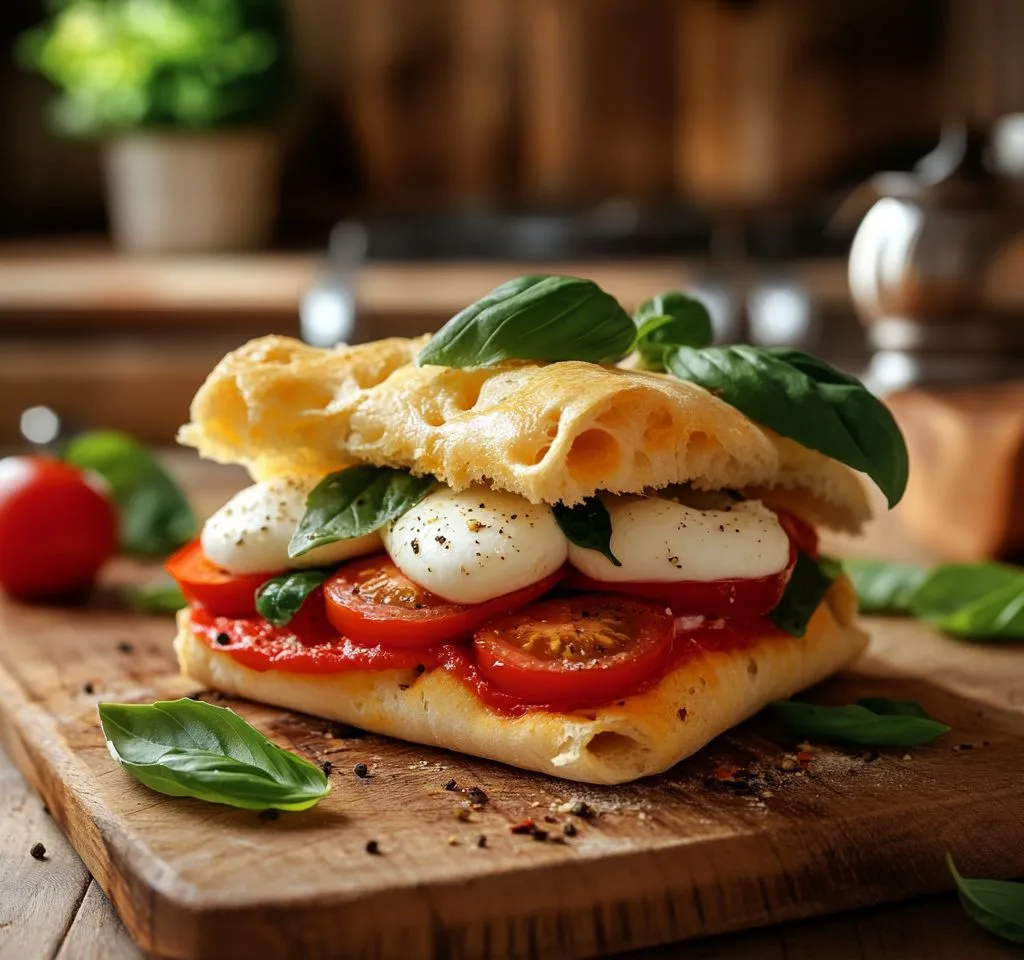 Freshly made focaccia sandwich with mozzarella and basil.