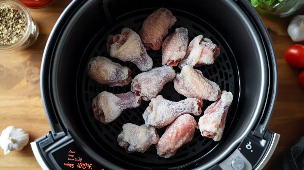 Frozen chicken wings placed inside an air fryer.