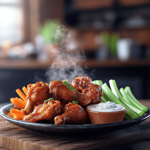 A plate of crispy, golden-brown air-fried chicken wings with steam rising, served with ranch dip, celery, and carrots on a rustic wooden table. The background features a blurred kitchen setting with bright natural lighting.