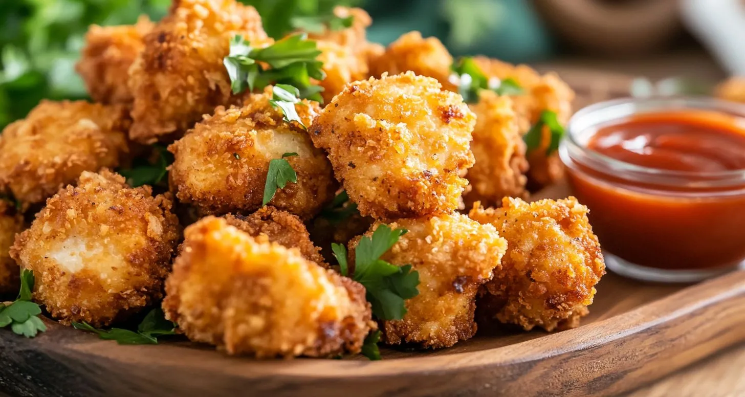 Crispy air fryer chicken bites with dipping sauce.