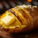 Crispy grilled baked potato with butter and chives.