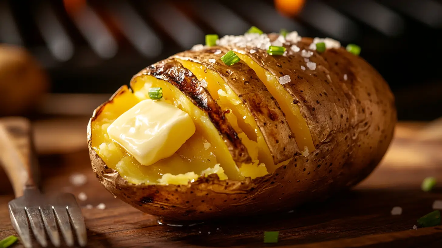 Crispy grilled baked potato with butter and chives.