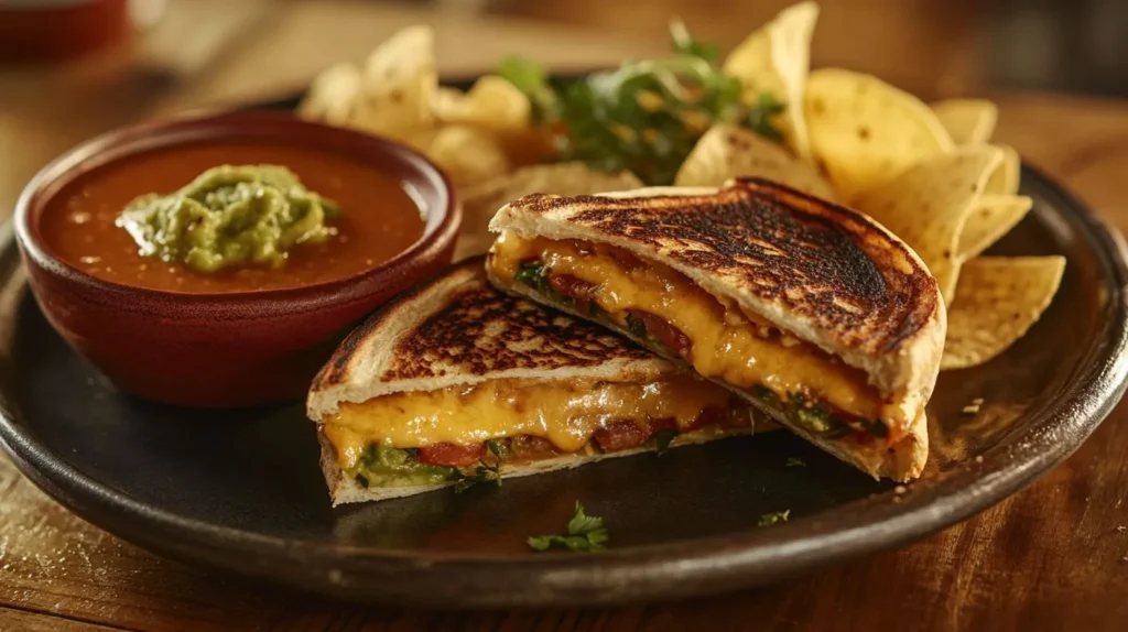 Grilled Cheese Burrito served with tortilla chips and tomato soup.