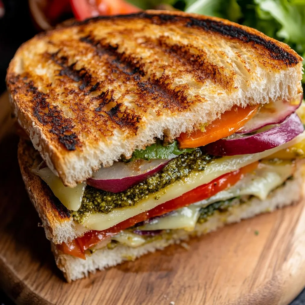 Grilled ciabatta sandwich with melted cheese, vegetables, and pesto.