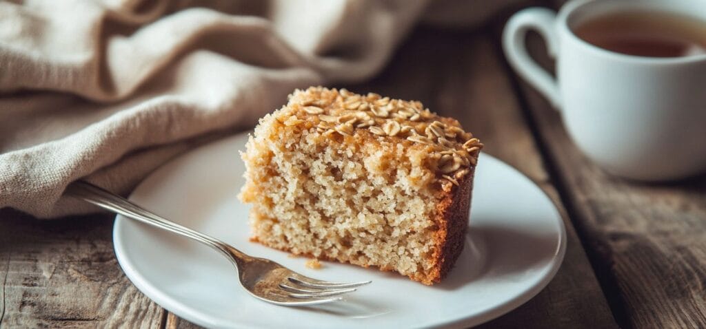 A slice of homemade oatmeal cake on a plate