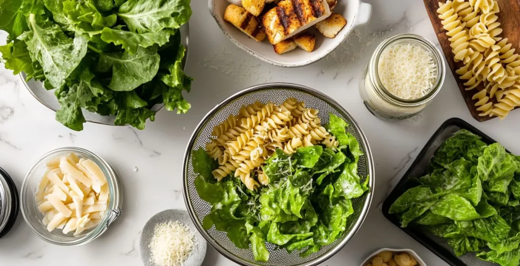 Ingredients for making Caesar pasta salad on a kitchen counter