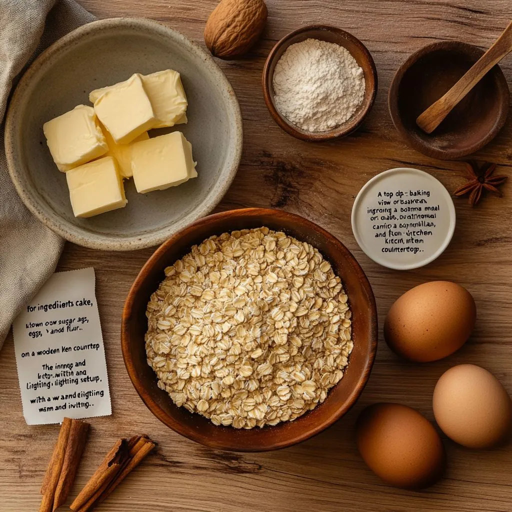 Ingredients for making homemade oatmeal cake.