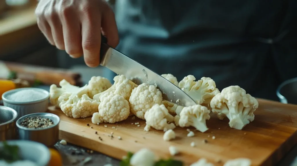 Fresh cauliflower florets being cut on a wooden board.